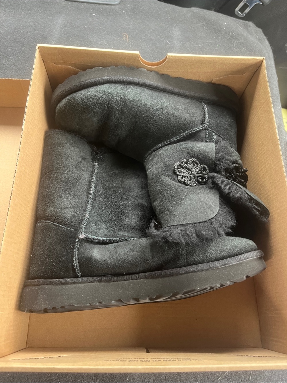 UGG Black Suede Shearling Winter Boots with Decorative Knot